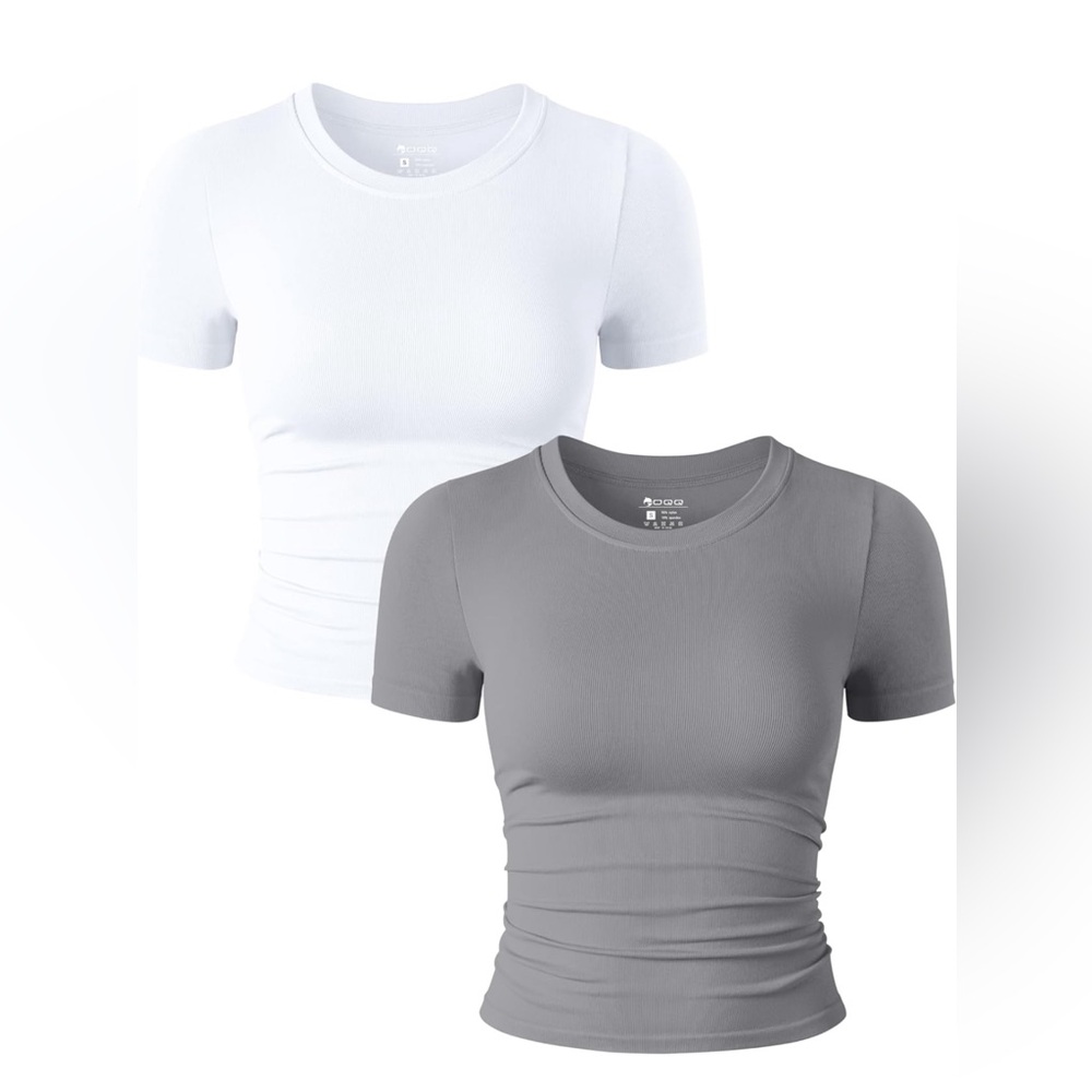 OQQ Womens👱🏽‍♀️2PC Short Sleeve Stretch Fitted Tee Shirts👕Crop Tops Sz S